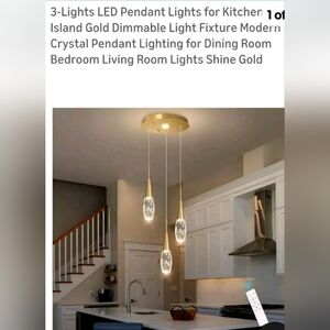 Modern Gold Crystal LED Pendant Light Set Dimmable Remote 3-Light Kitchen Dining